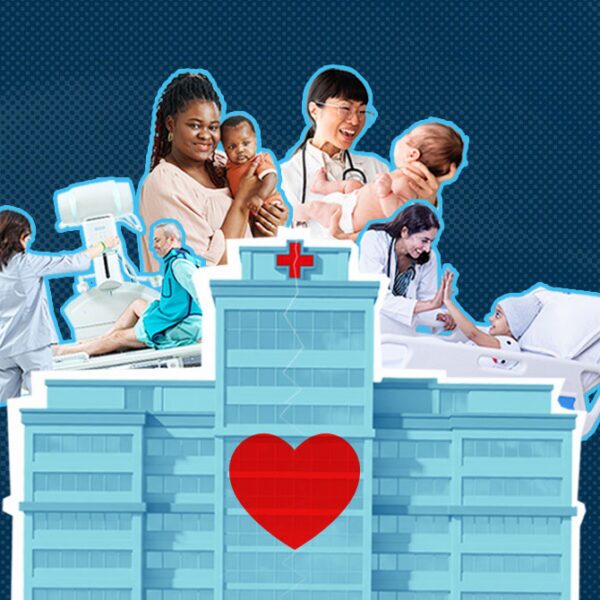Collage of healthcare professionals around a hospital building with a large red heart, symbolizing care and compassion in medical services.