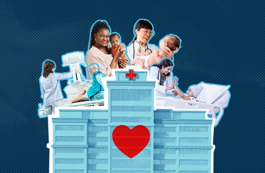 Collage of healthcare professionals around a hospital building with a large red heart, symbolizing care and compassion in medical services.