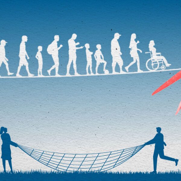 Top row shows white silhouettes of human evolution ending with a person in a wheelchair; a large red hand cuts a ribbon with scissors on the right; at the bottom, two people pull a rope between a hospital and a clinic, suggesting healthcare access and disruption of barriers.