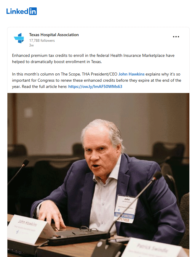 LinkedIn post by THA: Congress needs to renew Enhanced Premium Tax Credits - Texas Hospital Association LinkedIn: Congress needs to renew Enhanced Premium Tax Credits