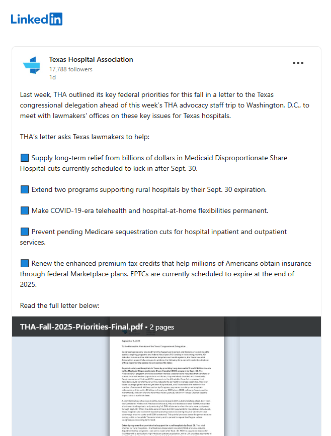 LinkedIn: THA's Fall 2025 Priorities, including the Renewal of Enhanced Premium Tax Credits - Texas Hospital Association LinkedIn: THA's Fall 2025 Priorities, including the Renewal of Enhanced Premium Tax Credits