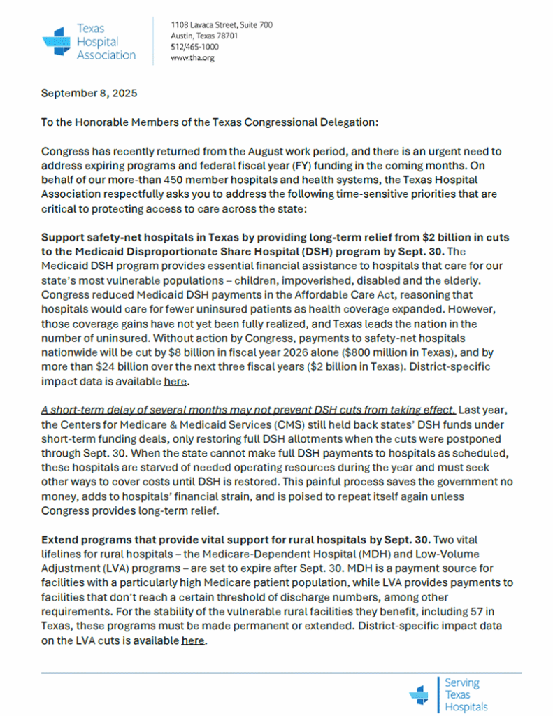 THA Fall 2025 Priorities, Letter to Texas Congressional Delegation - Texas Hospital Association THA Fall 2025 Priorities: Letter to Texas Congressional Delegation