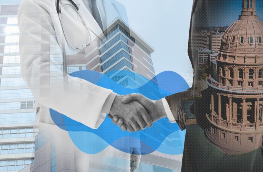 Handshake between a doctor and a government official overlaid with hospital and capitol imagery, symbolizing health policy collaboration.