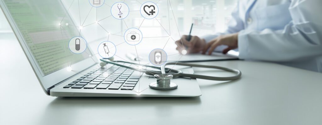 Clinical Resources - Texas Hospital Association Clinician typing on a laptop with a stethoscope beside it and floating interconnected medical icons.