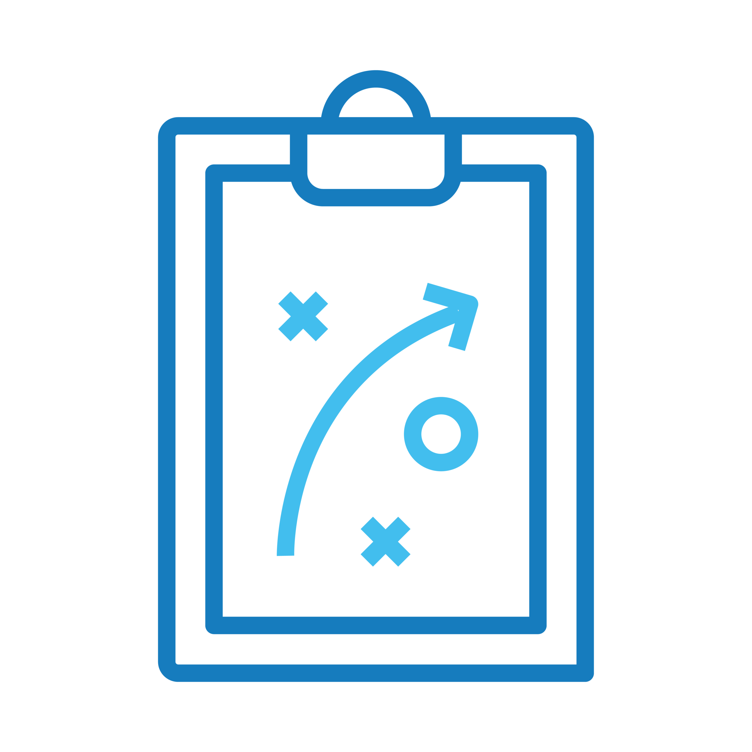 Data and industry insights to maximize growth - Texas Hospital Association Blue clipboard icon displaying a sports play diagram with three Xs, one circle, and a curved arrow indicating movement