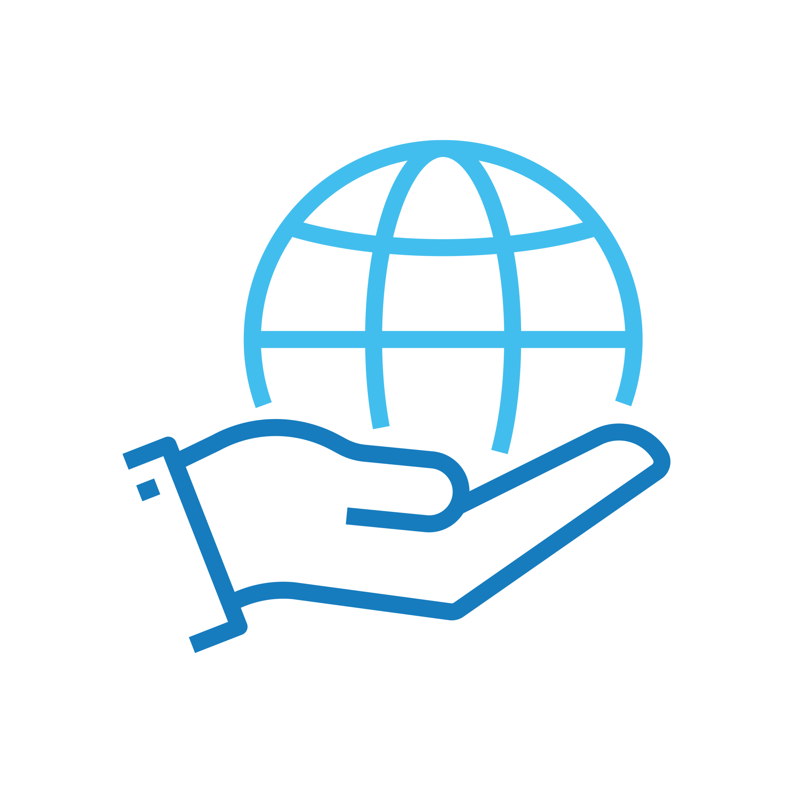 Best of-both-worlds access - Texas Hospital Association Blue line drawing of a hand cradling a globe, symbolizing global support or care on a black background.