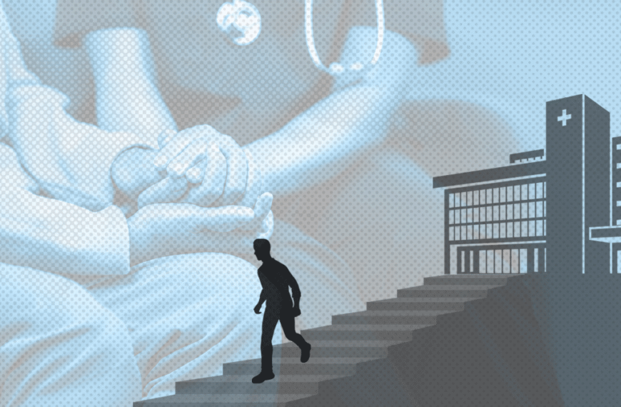 Silhouette of a person walking up stairs toward a hospital building with oversized medical imagery in the background.