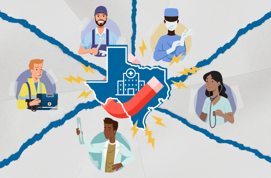 Texas-shaped illustration centered on a hospital icon with a red/blue graphic, surrounded by diverse healthcare workers and medical symbols, conveying Texas healthcare services.