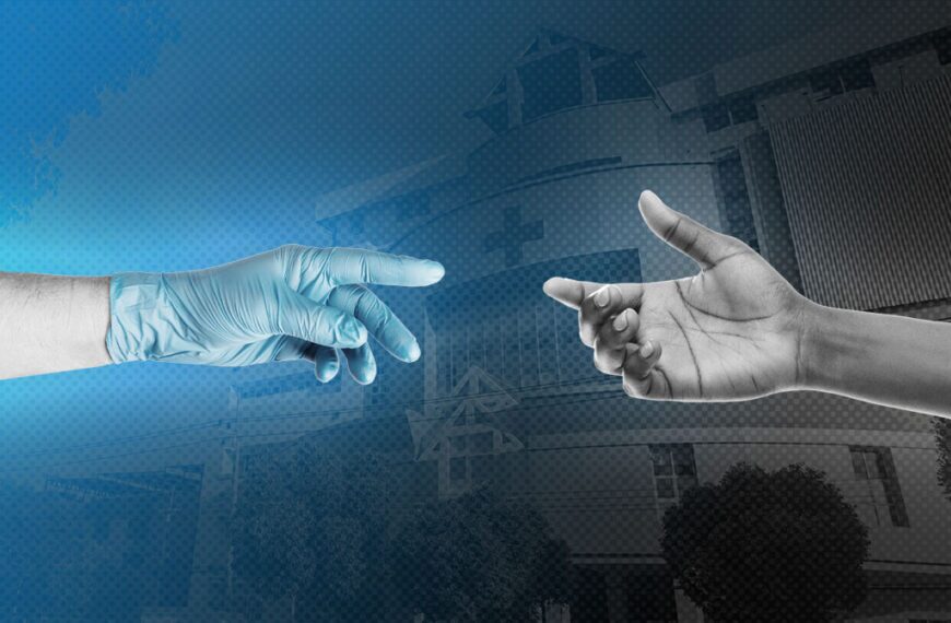Two hands reaching toward each other, one blue-gloved on the left and a bare hand on the right, over a blue-tinted building backdrop.