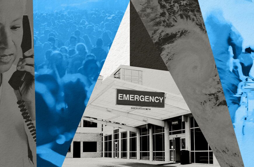 Collage showing a hospital Emergency entrance with blue-toned figures and people, symbolizing emergency medical response.