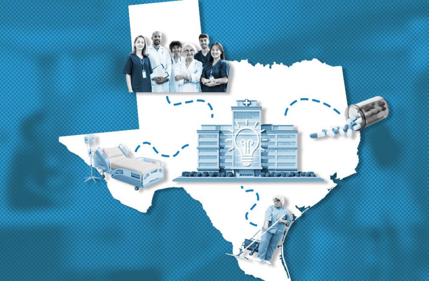 Map of Texas with a hospital building, medical staff, a patient bed, pills, and a nurse with a cart representing the healthcare network.