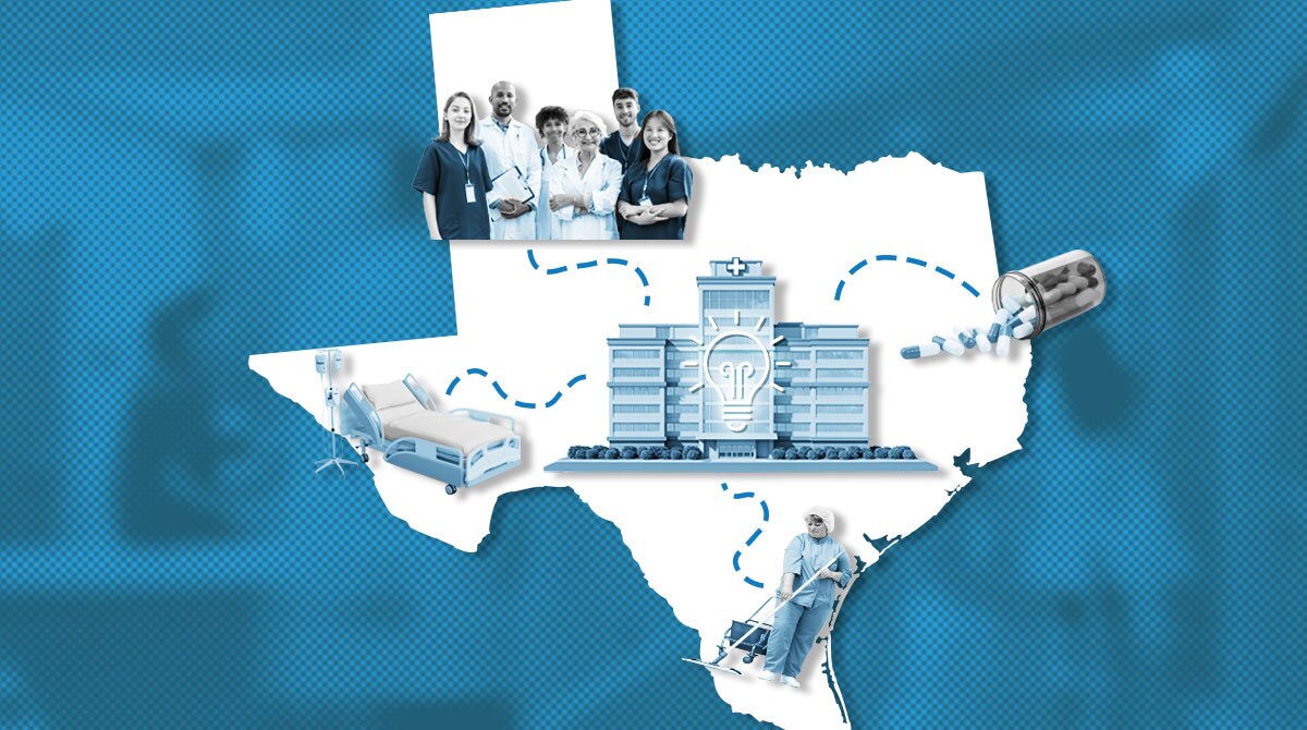 Map of Texas with a hospital building, medical staff, a patient bed, pills, and a nurse with a cart representing the healthcare network.