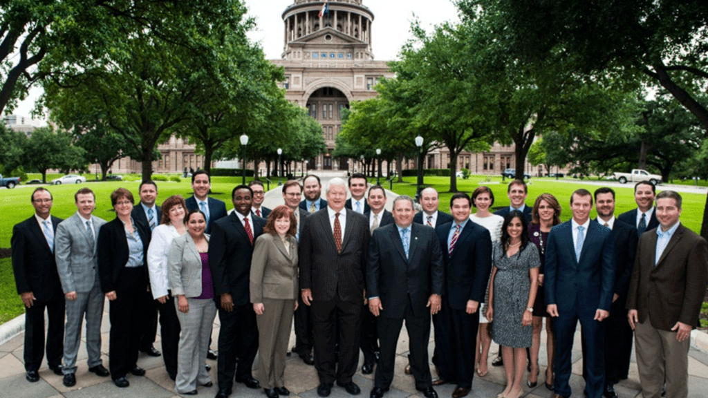 The THA Leadership Fellows program enables Texas hospital leadership advocacy, Shown here is the Fellows Class of 2014, with THA CEO/President Ted Shaw (center).