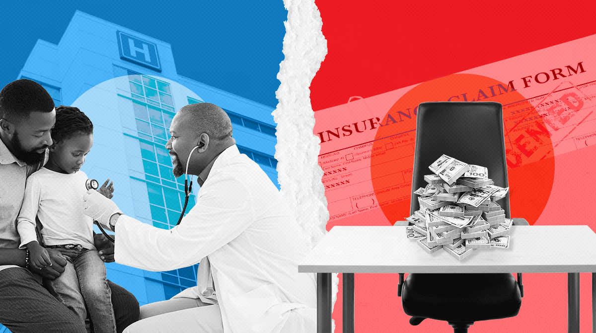 Torn collage showing affordable care on the left with a doctor examining a child, and costly insurance on the right with a money pile atop a chair and an insurance form in the background.