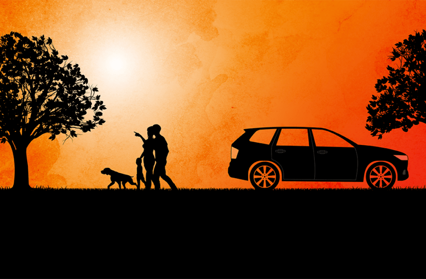 Silhouetted family and dog beside a car at sunset, with two trees framing the scene and one person pointing ahead.