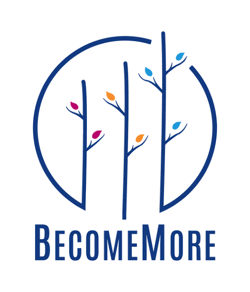 Logo for BecomeMore: blue circular outline enclosing tall stylized trees with colorful leaves and the text 'BECOME MORE' beneath.