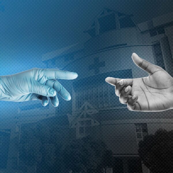 Two hands reaching toward each other, one blue-gloved on the left and a bare hand on the right, over a blue-tinted building backdrop.