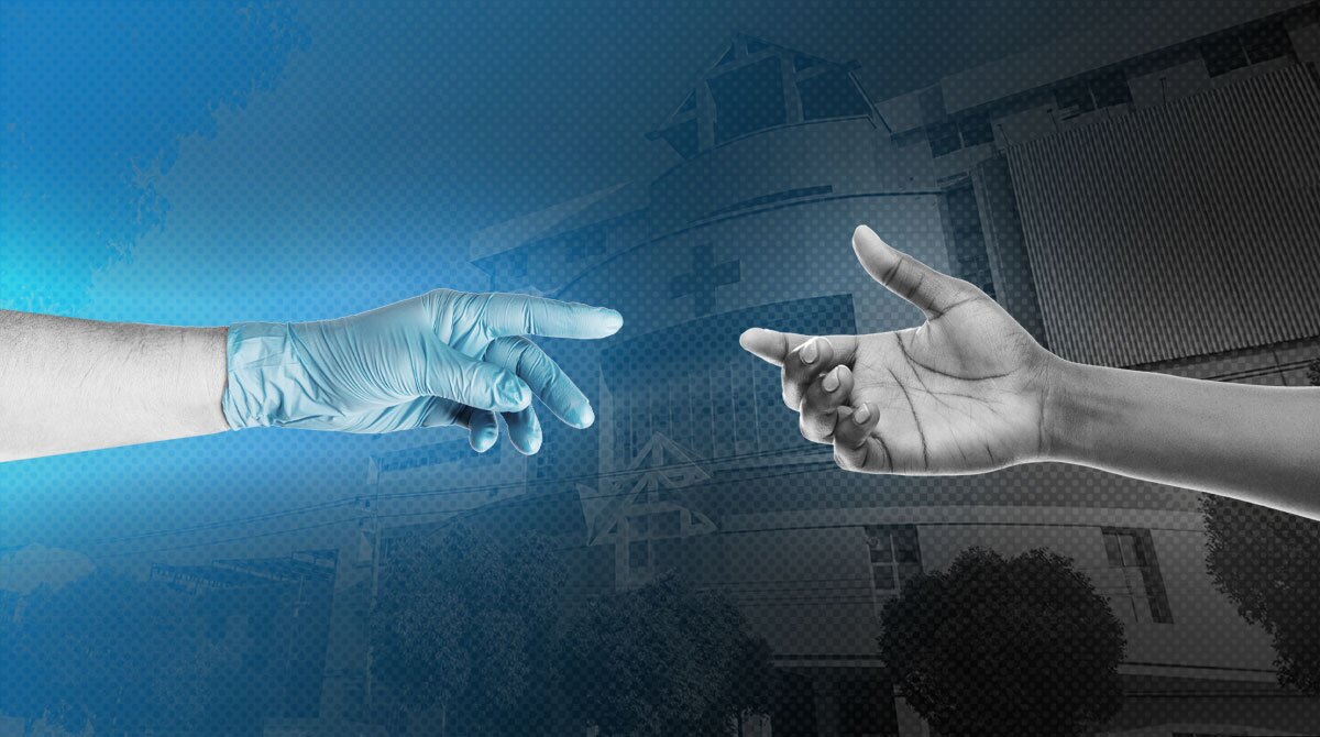 Two hands reaching toward each other, one blue-gloved on the left and a bare hand on the right, over a blue-tinted building backdrop.