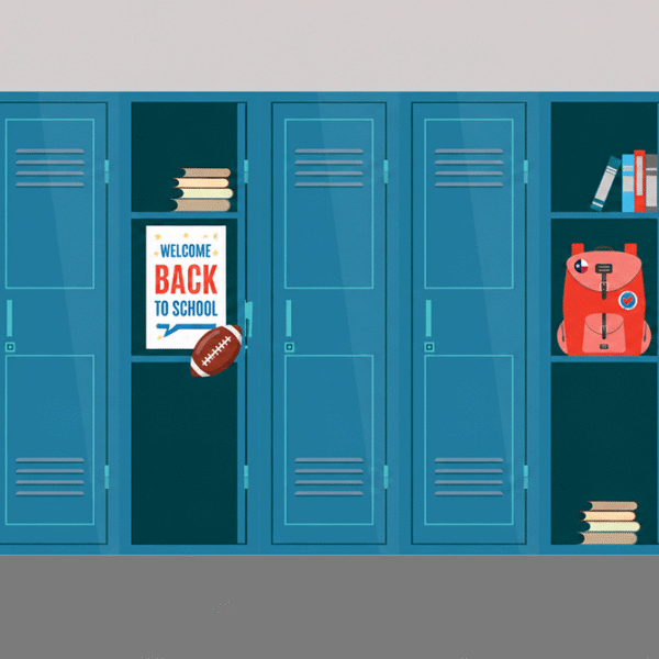 Row of blue school lockers with a red backpack, books, and a welcome back to school poster—back-to-school scene in a hallway.