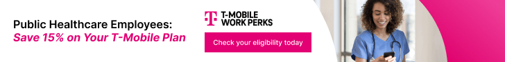 Promotional banner for T-Mobile Work Perks offering 15% off T-Mobile plans to public healthcare employees; CTA reads 'Check your eligibility today'; right shows a smiling woman using a phone.