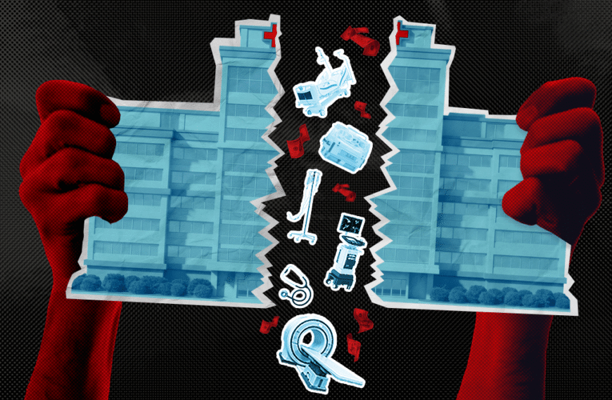 Two red hands tear a hospital image in half, revealing blue medical devices floating in the split against a dark background, conveying strain on healthcare services.