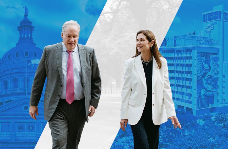 Cris Daskevich (right), the 2026 board chair of the Texas Hospital Association, walks with John Hawkins, President/CEO of the association.