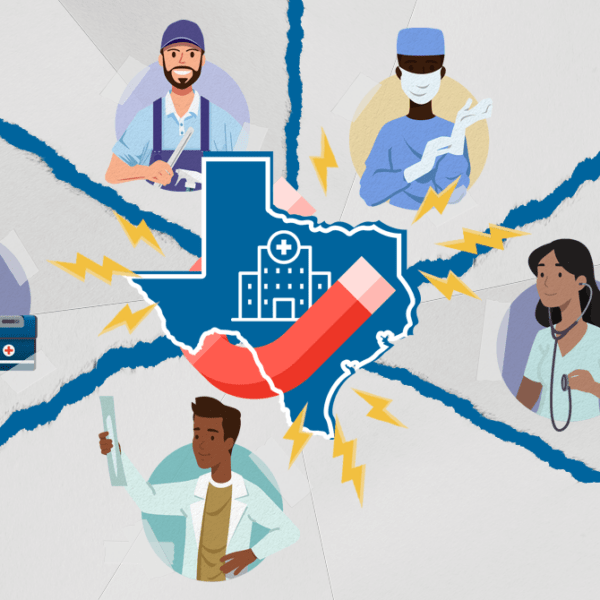Texas-shaped illustration centered on a hospital icon with a red/blue graphic, surrounded by diverse healthcare workers and medical symbols, conveying Texas healthcare services.