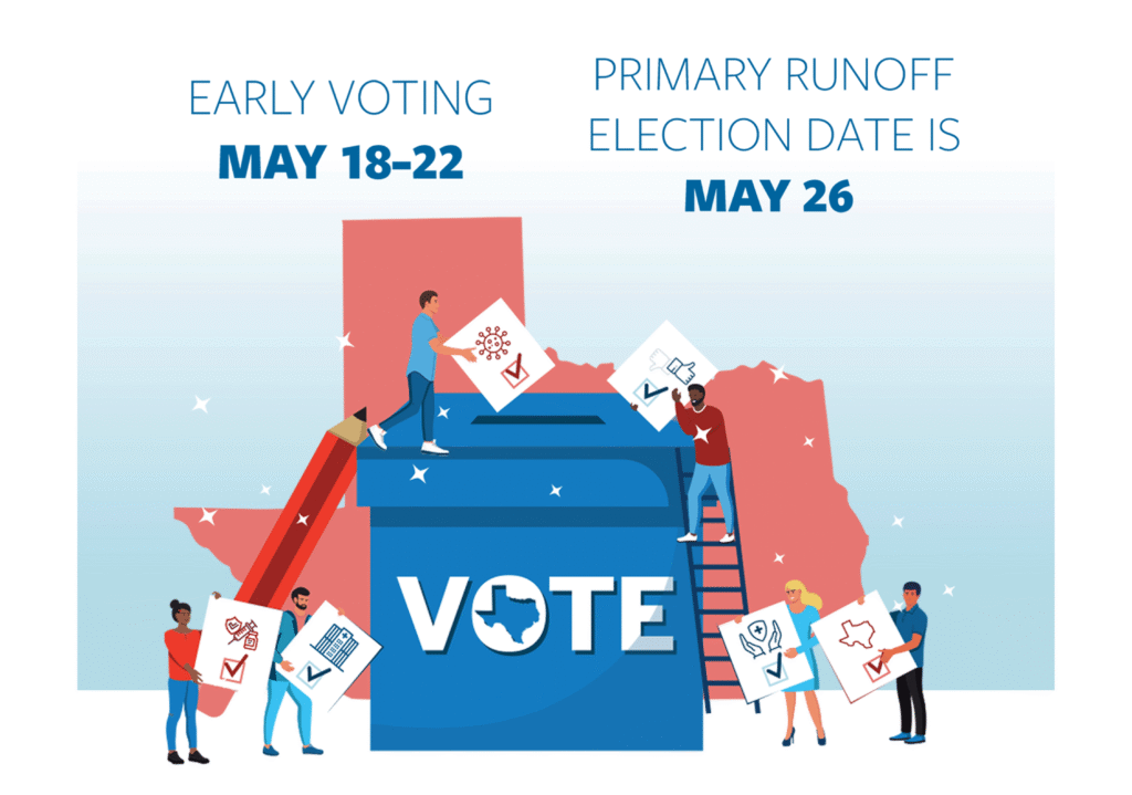 Illustration promoting early voting with people dropping ballots into a large blue ballot box; dates May 18–22 and May 26 shown below.