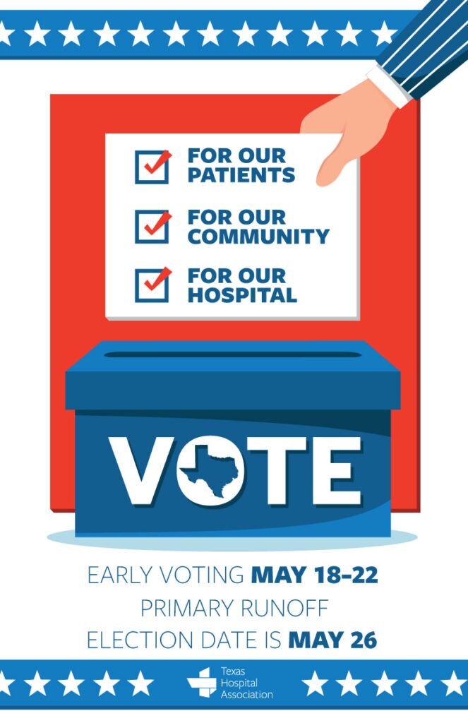 Hand placing ballot into a blue vote box; checklist reads'For our patients, for our community, for our hospital' and May voting dates.