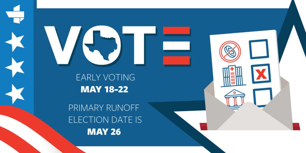 Election information graphic about voting with dates: Early voting May 18–22; runoff date May 26; patriotic colors and ballot imagery.