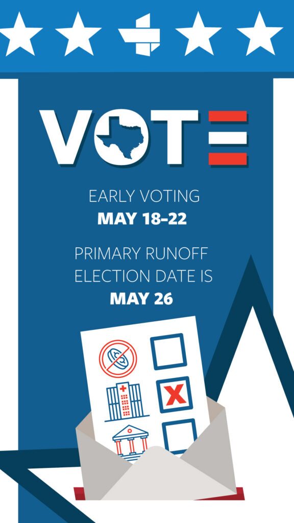 Poster announcing voting information: early voting dates May 18–22 and runoff date May 26.