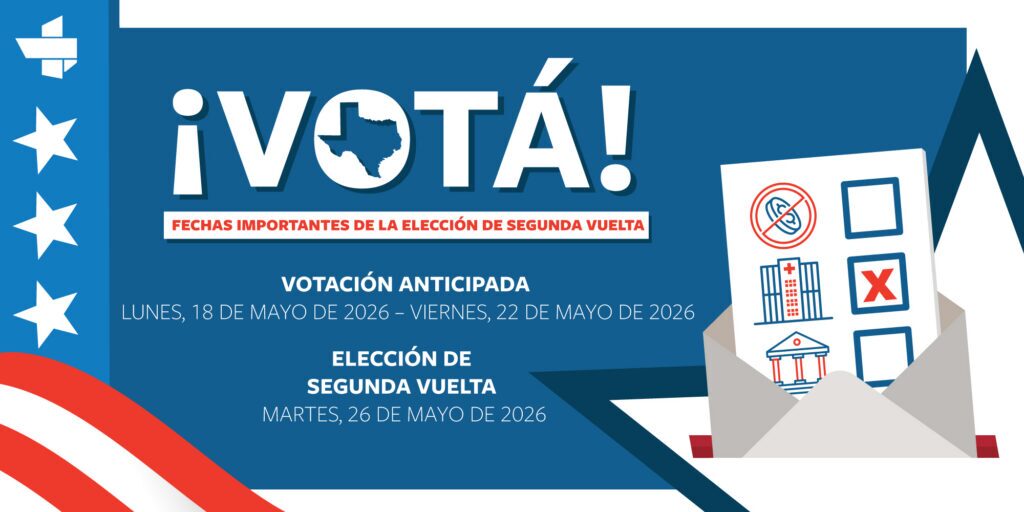 Cartel electoral en español anunciando votar y fechas clave de la segunda vuelta (mayo 2026), con un sobre de voto al lado.