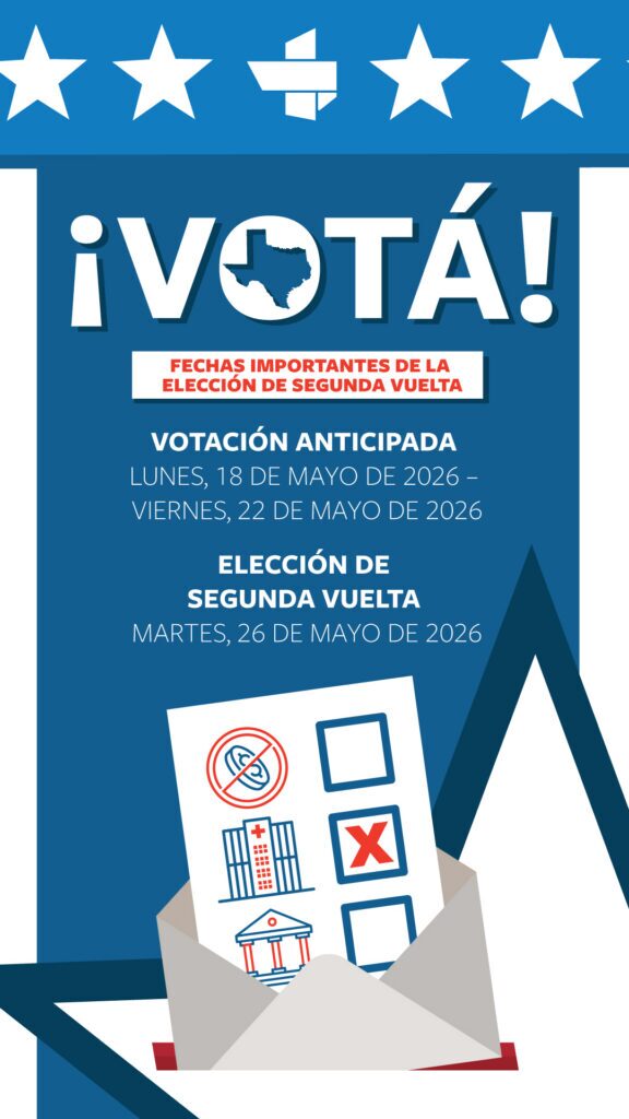 Spanish voting poster urging people to vote with dates for the second round; includes ballot illustration and envelope motif in blue tones.