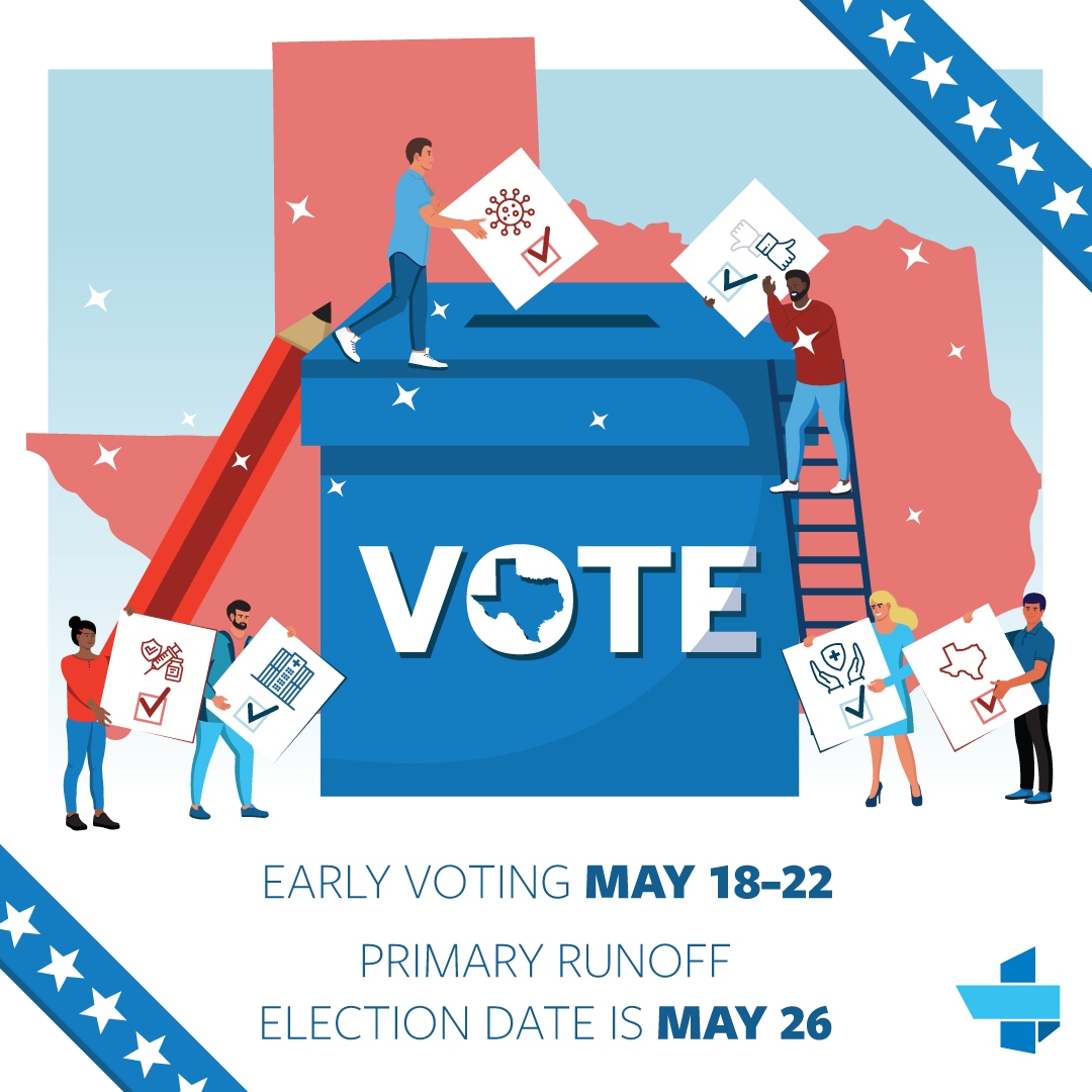 People placing ballots into a large blue'VOTE' box in a stylized election scene; text reads Early Voting May 18–22, Primary Runoff, Election Date May 26.
