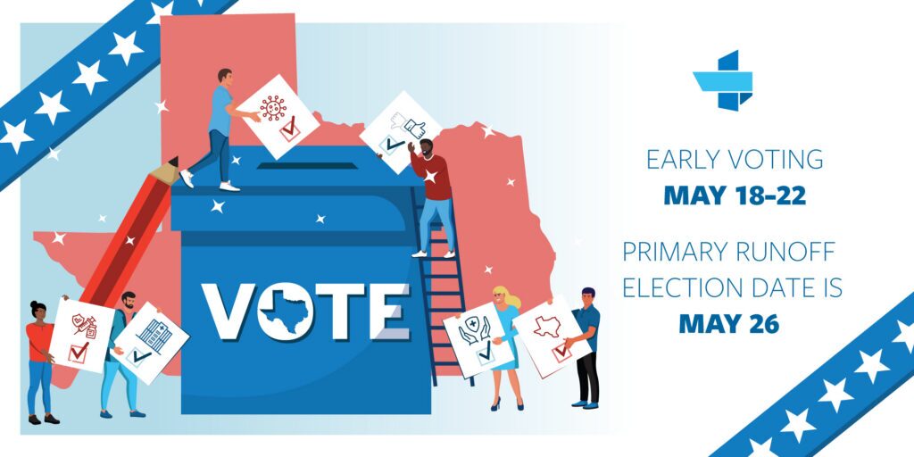 Illustration promoting voting with people placing ballot cards near a large VOTE sign and map shapes, plus early voting dates on the right