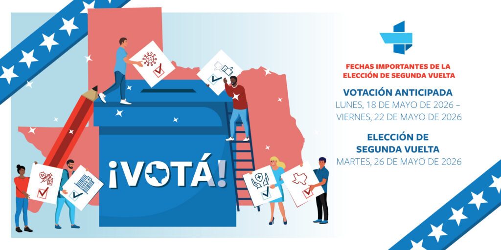 Ilustración de varias personas colocando papeletas en una gran urna azul, frente a un mapa y texto de fechas de votación a la derecha del banner.