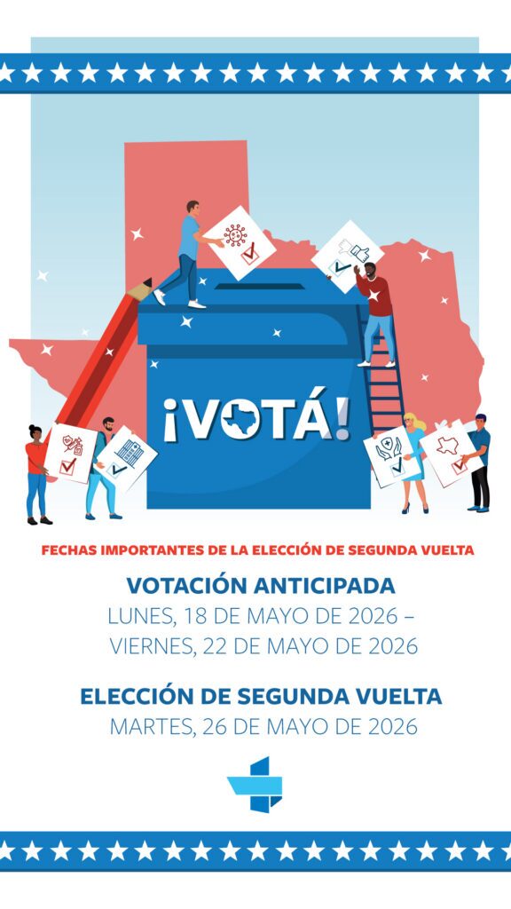 Grupo de personas colocando papeletas en una gran urna azul con la palabra ¡VOTÁ! y texto de fechas de la elección, bandera de estrellas en alto bordes.