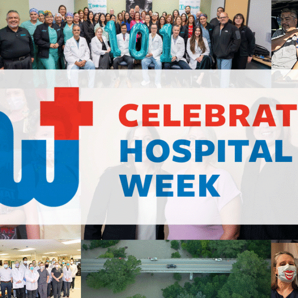 Group collage of hospital staff and volunteers with a large central banner that reads “Celebrating Hospital Week.” The image shows diverse teammates in various roles.