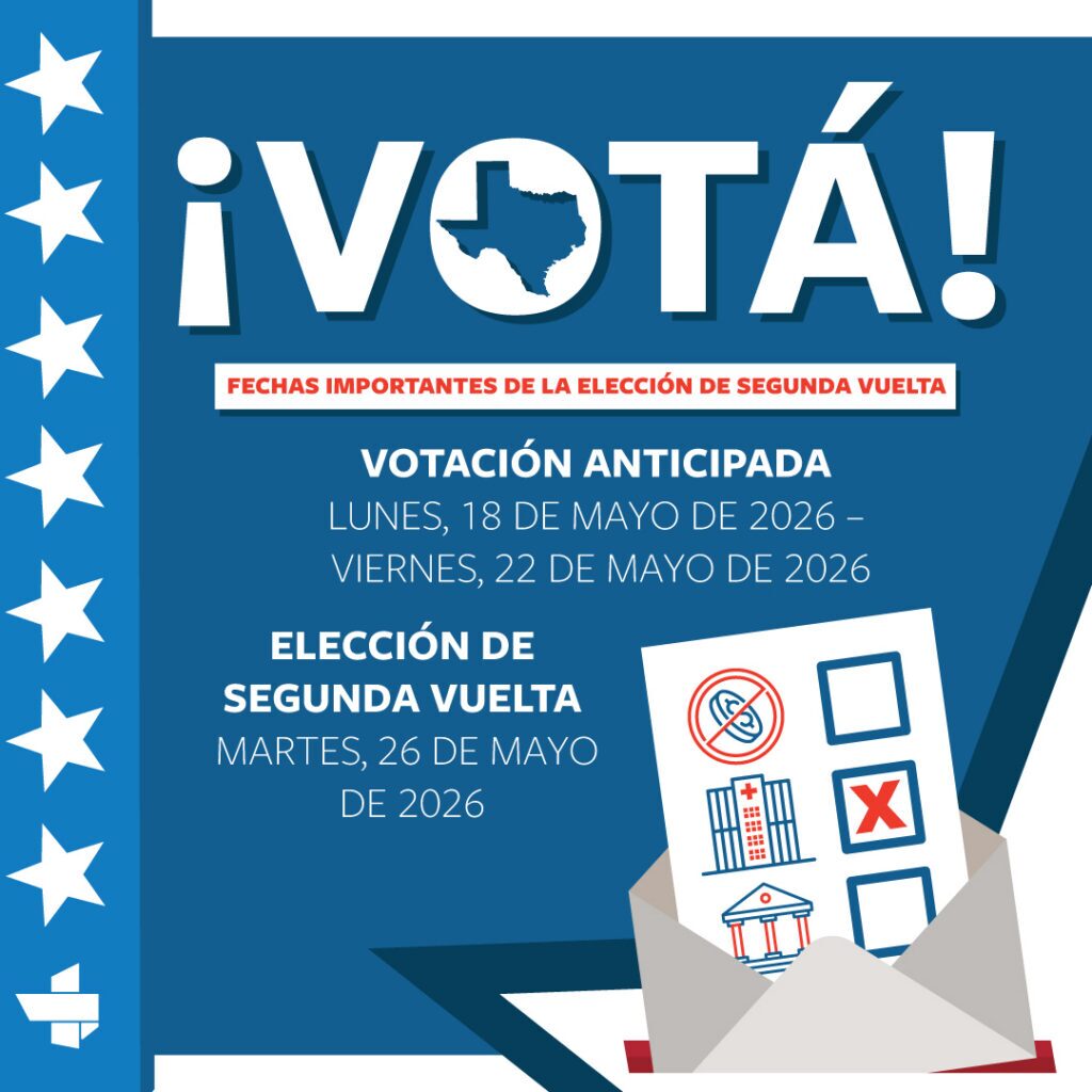 Poster azul de campaña que invita a votar en la segunda vuelta: fechas de votación anticipada (18–22 mayo 2026) y elección de segunda vuelta (26 mayo 2026) con una papeleta en un sobre.