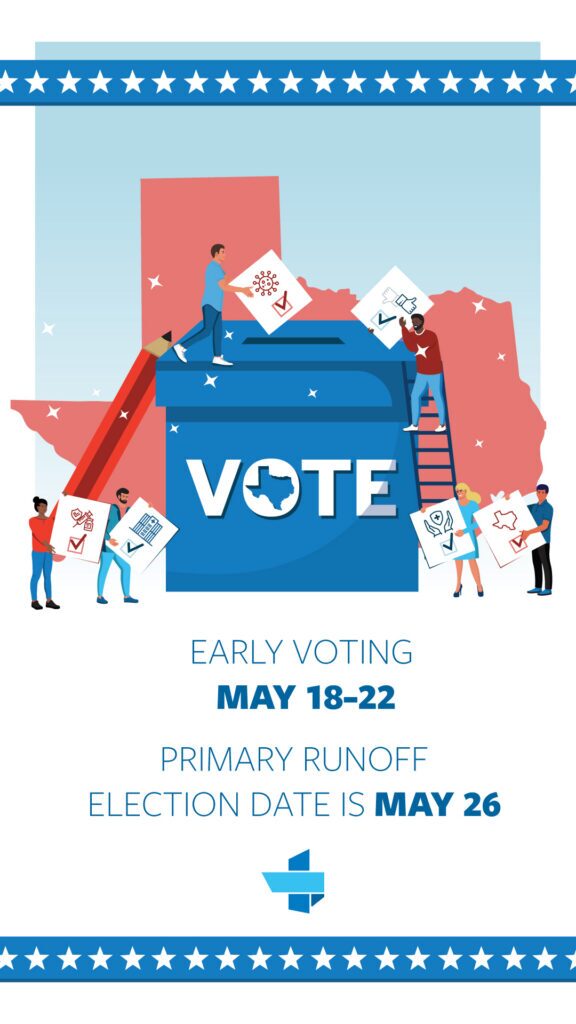 People place ballots into a large blue ballot box labeled'VOTE' as they stand on ladders and surround it with election icons; text shows early voting dates May 18–22 and May 26.20Ongoing voting theme across stars and map imagery.
