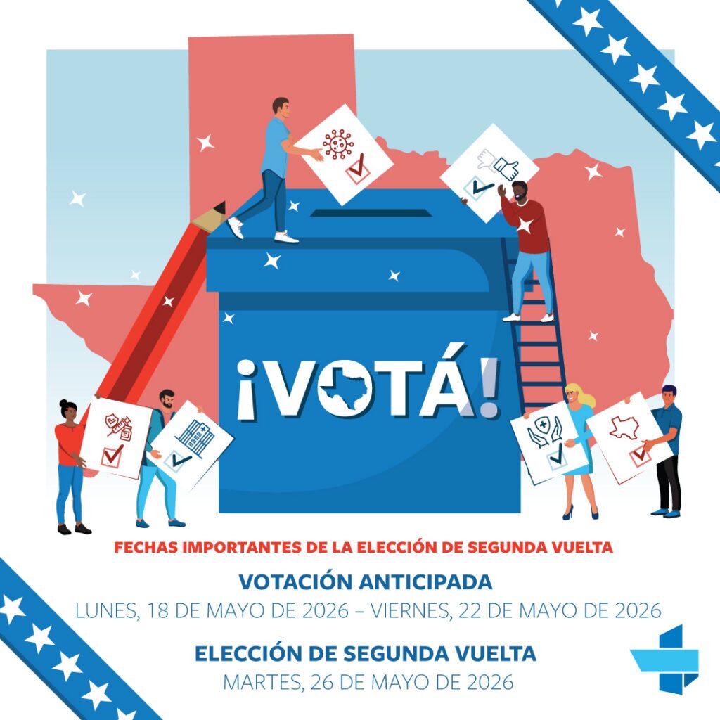 Spanish election poster encouraging turnout: people placing ballots into a large blue ballot box with'¡VOTÁ!', a map in the background, and dates for early voting (May 18–22, 2026) and the election day (May 26, 2026).
