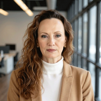 Gina Temple - Texas Hospital Association Portrait of a professional woman with wavy hair in a tan blazer and white turtleneck in a modern office setting