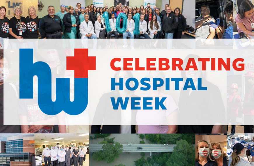 Group collage of hospital staff and volunteers with a large central banner that reads “Celebrating Hospital Week.” The image shows diverse teammates in various roles.