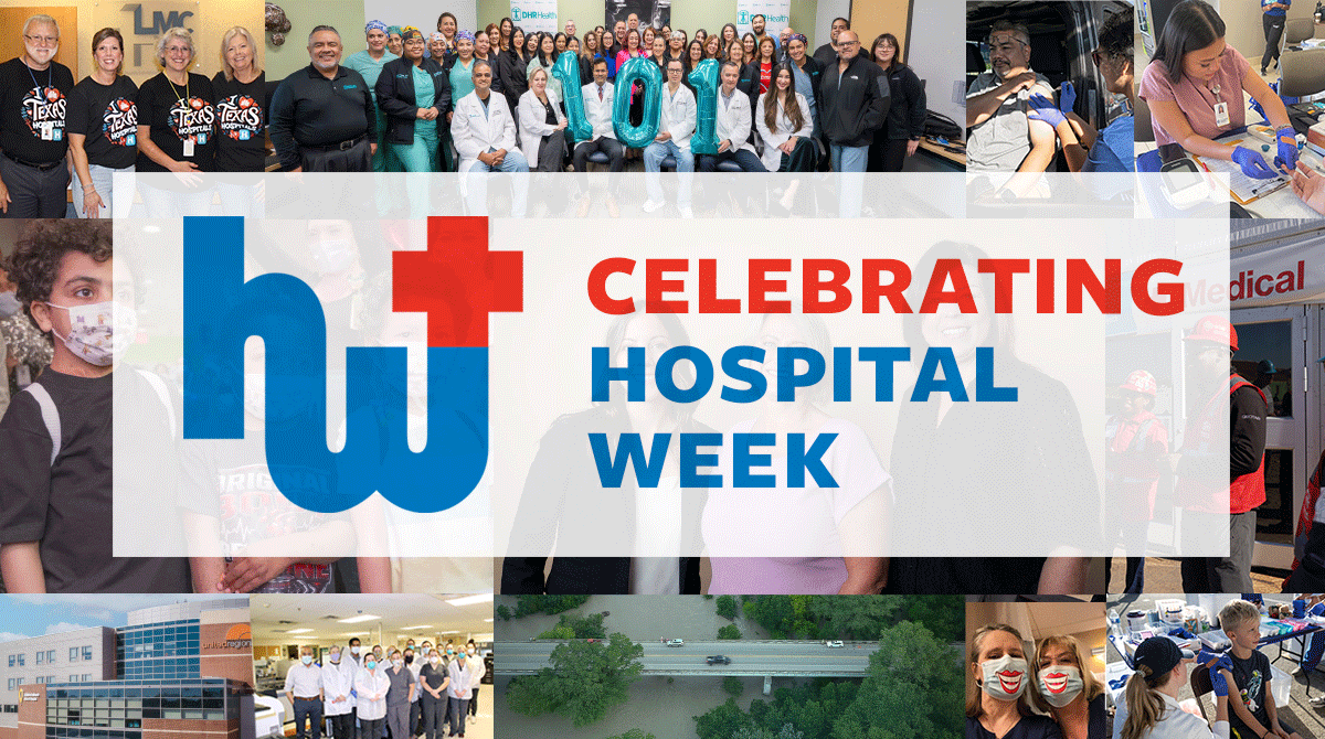 Group collage of hospital staff and volunteers with a large central banner that reads “Celebrating Hospital Week.” The image shows diverse teammates in various roles.