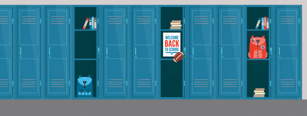 Row of blue school lockers with open compartments, backpack on the floor, and a'Welcome Back to School' poster in the center locker area.