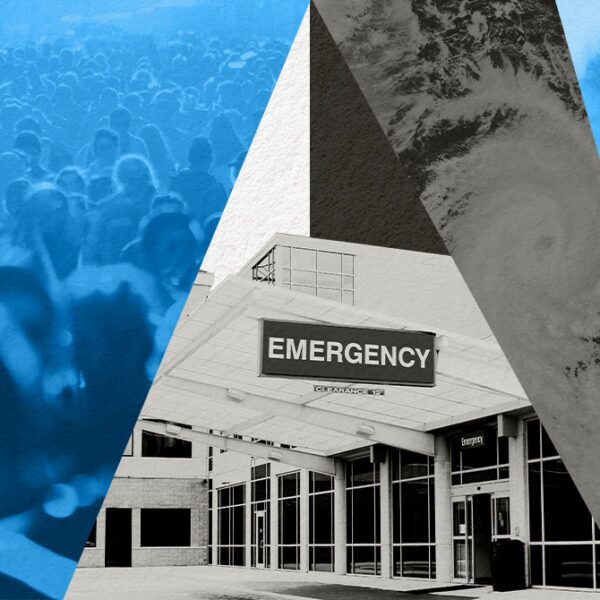 Collage showing a hospital Emergency entrance with blue-toned figures and people, symbolizing emergency medical response.