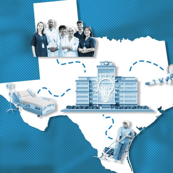 Map of Texas with a hospital building, medical staff, a patient bed, pills, and a nurse with a cart representing the healthcare network.