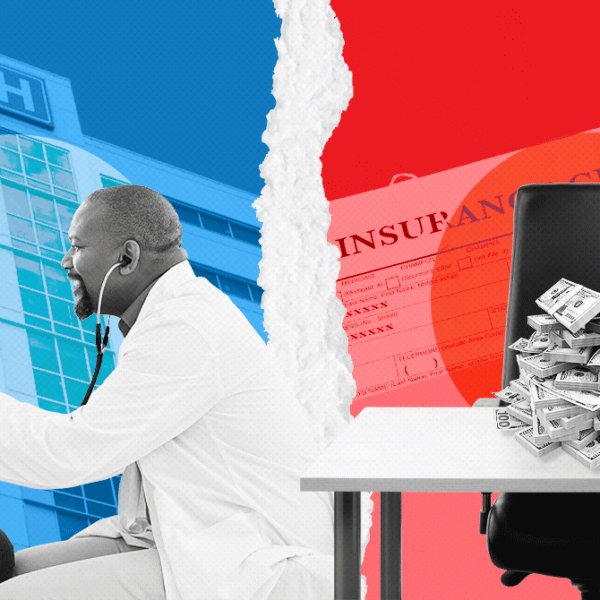 Torn collage showing affordable care on the left with a doctor examining a child, and costly insurance on the right with a money pile atop a chair and an insurance form in the background.